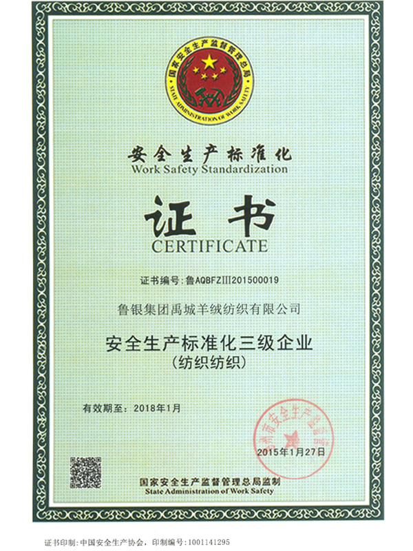 安全生產標準化證書